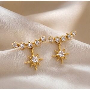 Gold Starburst CZ Drop Earrings Dainty Celestial Earrings New